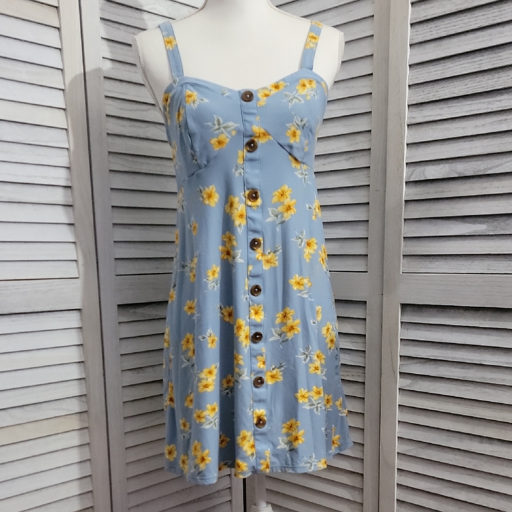 No Boundaries Juniors Blue & Yellow Floral Print Fit & Flare Summer Dress Size L